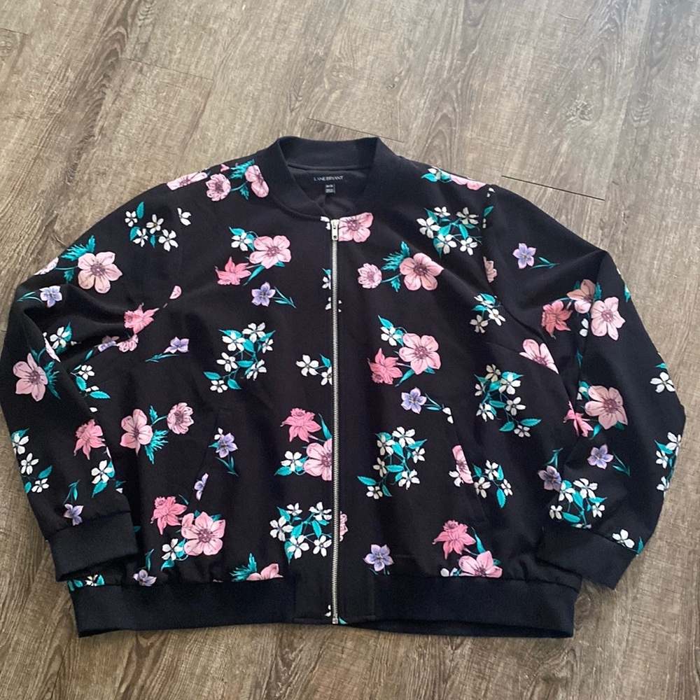 Lane Bryant Jacket Women Size 26 Floral Black Pink Full Zip Lightweight Coat